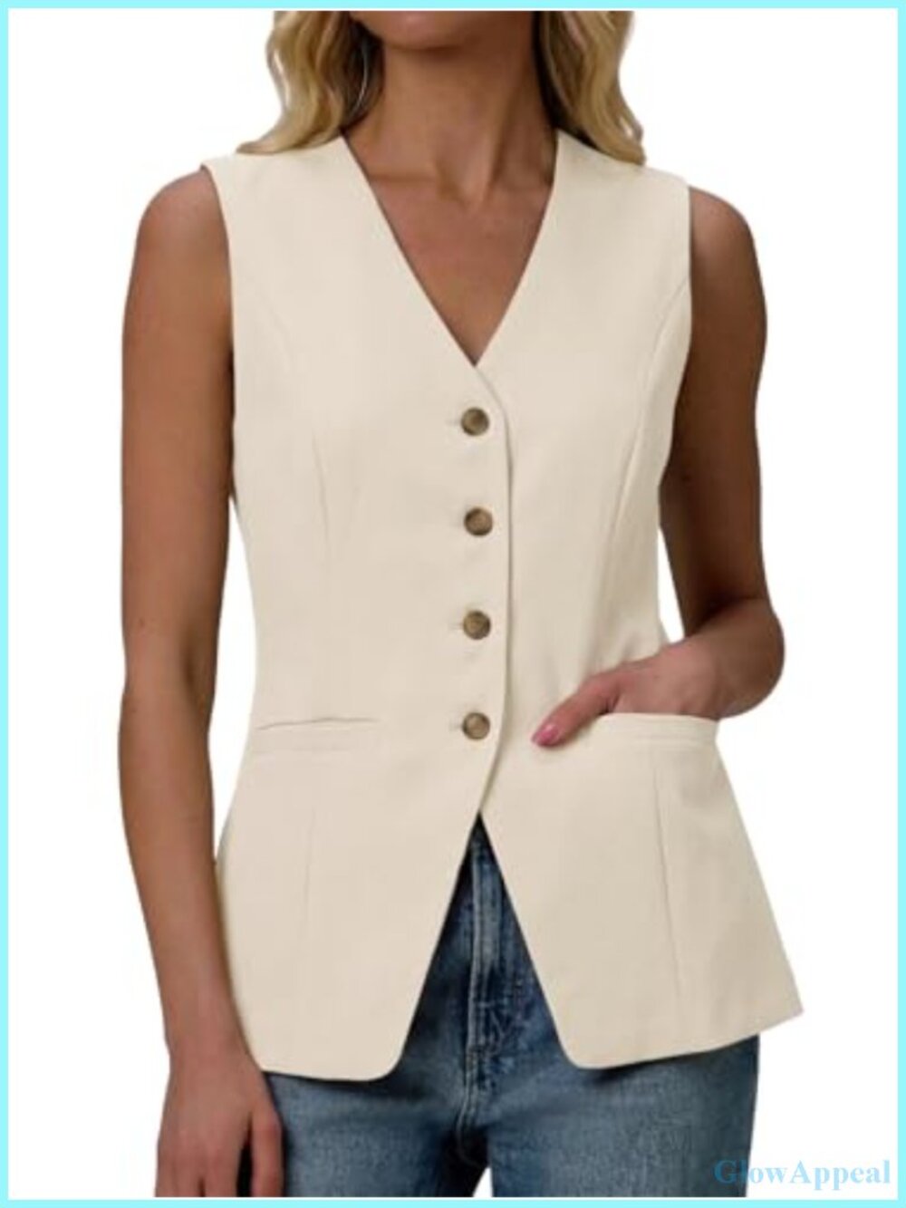 Sleeveless V-Neck Blazer Vest Tops Lightweight Full-Lined Work Pocket Suit
